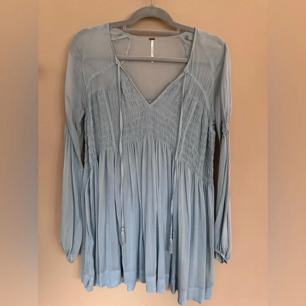 Free People Blue Lini Smocked V-Neck Tassel Boho Tunic Top Size XS